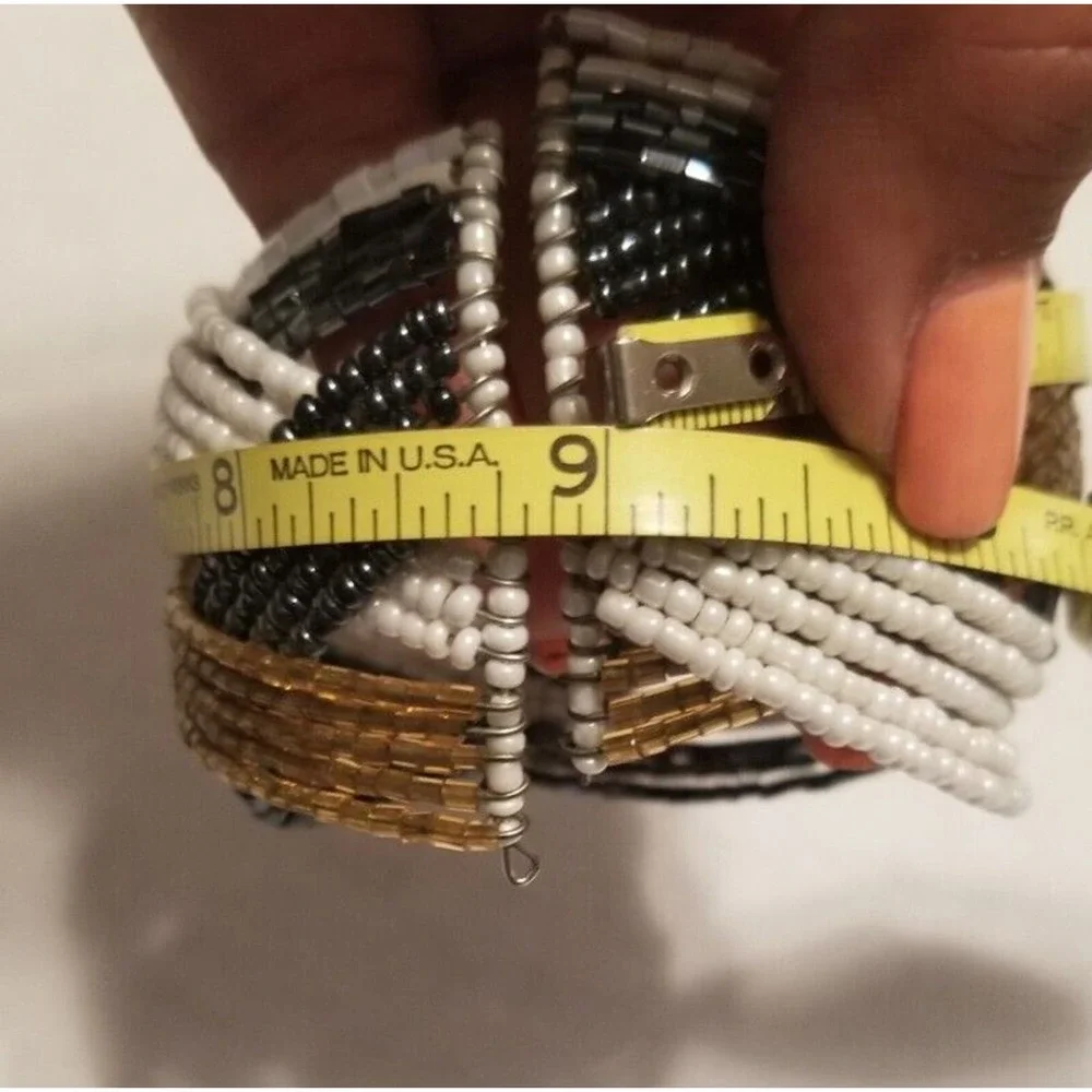 VTG‎ White, Gold, Black Tone Bracelet Twisted Beaded Cuff Band Wide Retro Bangle